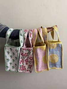 กระเป๋าโท้ทผ้าฝ้ายลายควิลท์สไตล์โบฮีเมียนขนาดเล็ก  แบบเปิดสองด้าน ลายบล็อกพิมพ์  กระเป๋าใส่อาหารกลางวัน  ผ้าทำมือ  ของขวัญ - Product Image 3