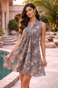 Robe Courte Sans Manches Col V en Coton Imprimé à la Main, Décorations Intégrales, Tenue Décontractée d'Été pour Femme, Œuvre d'Art Faite à la Main - Product Image 5