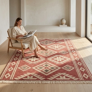 Tapis rectangulaire géométrique bohème rouge avec franges pour salon et chambre à coucher, en laine et acrylique, à poils ras - Product Image 2