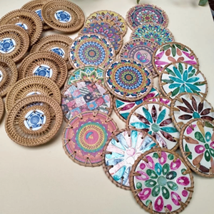 Rattan Coasters and placemats with mother of pearl inlay woven rattan shell material for cup holder <b>table</b> decor Vietnam supplier - Product Image 1