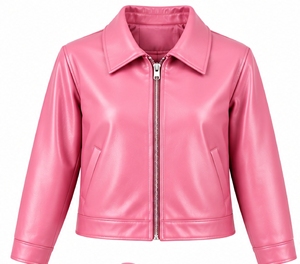 Veste en similicuir rose pour femme, style moto, col rabattu, fermeture éclair, manches longues, manteau court - Product Image 1