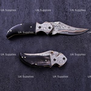 UA Supplies Industrial Grade Copper Damascus Steel Straight Clip Point Razor Sharp 0.5mm Liner <b>Lock</b> Foldable Hunting Survival - Product Image 6