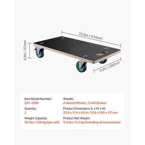 Carrello Multifunzionale per Mobili con Capacità di Carico di 250 Kg, 4 Ruote Silenziose in TPR, Carrello Piatto Rettangolare per Spostare Mobili - Product Image 6