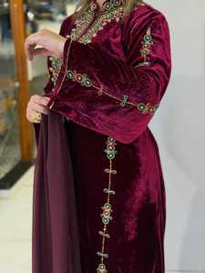 Women's Maroon Velvet Hand Beaded Floor Length <b>Kaftan</b> High Neck Long Sleeve <b>Plus</b> <b>Size</b> Lightweight Modest Dress Middle East Style - Product Image 1