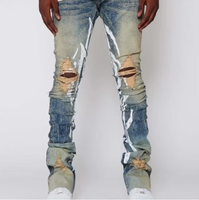 Jean en denim vintage personnalisé, coupe slim haute, déchiré, imprimé, automne-hiver, pour homme, pantalon évasé, vente en gros, léger, formel
