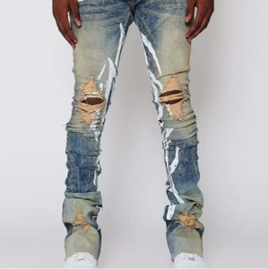 Pantalones Vaqueros Apilados Vintage Personalizados al por Mayor, Jeans Apilados Rasgados con Estampados de Corte Ajustado para Hombre, Jeans Acampanados - Product Image 1