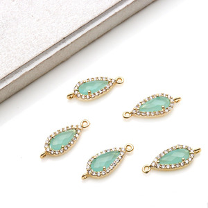 Connecteur de pendentif en calcédoine aqua en forme de poire 9x3mm avec pavé de zircon cubique et double passant, composant de bijoux, vente en gros - Product Image 4