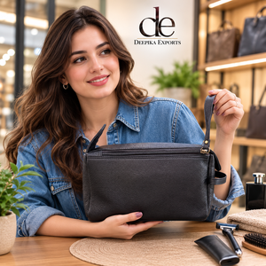 New Fashion Genuine Leather Double-Zipper <b>Men</b> & Women Toiletry Organizer Travel Cosmetic real Leather Makeup Bags With Handle - Product Image 6