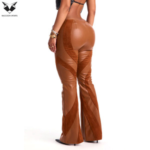 <span class=keywords><strong>Pantaloni</strong></span> da Donna Vintage in <span class=keywords><strong>Pelle</strong></span> PU Marrone Chiaro a Vita Alta con Pannelli Patchwork, Stile Western Sexy per Streetwear e Clubwear - Product Image 2