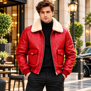 Men's <b>Red</b> Studded Leather Bomber Jacket for Shearling Fur Stand Ribbed Cuffs Zip Closure <b>Silk</b> Lining Winter Vintage Luxury - Product Image 1