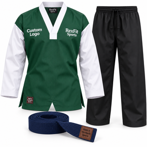 Conjunto de Uniforme de Taekwondo Dobok al por Mayor, Unisex, Mezcla de Algodón, Cuello en V, Camisa de Entrenamiento, Pantalones Largos con Cinturón - Product Image 2