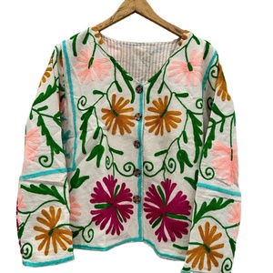 Suzani Embroidery Floral Woven Velvet Reversible Autumn/Winter Jacket <b>for</b> Ladies <b>Quilted</b> Boho Varsity Bomber Cotton Lining - Product Image 1