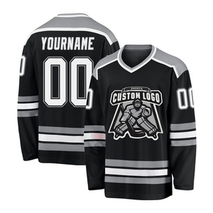 Custom Logo <b>Men's</b> <b>Black</b> Ice Hockey Jersey V-Neck Full Sleeve Sublimated Print Breathable Polyester Mesh Apparel - Product Image 2