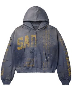 Custom Men Winter Casual 100% Cotton Breathable Acid Wash Print Rhinestone Cropped Hoodie and Flared Sweatpants Tracksuit <b>Set</b> - Product Image 2