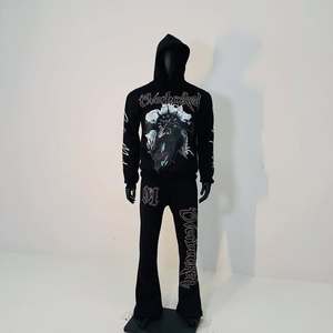 Ensemble de survêtement à capuche surdimensionné pour homme, noir, en coton imprimé, style hip-hop streetwear, pantalon de jogging, sweat-shirt à manches longues, ensemble zippé - Product Image 1