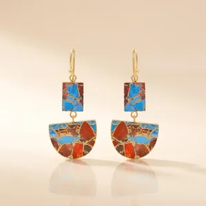 Blue & orange mohave copper turquoise <b>earring</b> gold electroplating <b>hook</b> dangle large size handmade half d shape wholesale Jewelry - Product Image 1
