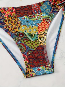Women's Printed Paisley Bikini Set Halter Neck Tie Side Bottoms With Pearls Decoration Stretch Swimwear - Product Image 6