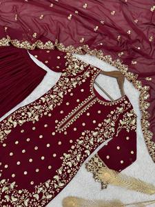 Premium High Density Faux Georgette 3-Piece Stitched <b>Suit</b> Micro Cotton Lining Breathable Flowy Drape Deep Burgundy Fabric - Product Image 1