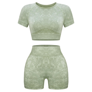 Conjunto Deportivo de 2 Piezas para Mujer, Top Corto de Manga Corta y Pantalones Cortos de Cintura Alta, Tejido Sólido Transpirable, Primavera Verano - Product Image 5