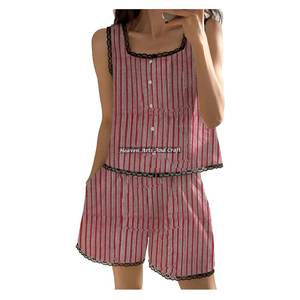 Ensemble de pyjama court en coton imprimé avec dentelle, motif floral, sans manches, pour femme, collection printemps/été, imprimé à la main - Product Image 5