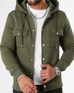 Olive Green Hooded Button-<b>Up</b> Sweatshirt Unisex Regular Fit Casual Autumn Wear Knitted Breathable Long Sleeve 100% Cotton Front - Product Image 3