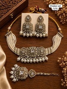 Conjunto de Gargantilla Étnica de Latón con Perlas de Imitación y Pendientes de Corazón Chapados en Oro, de Moda, para Boda de Mujer - Product Image 1