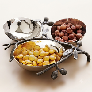 Handcrafted Metal Olive Branch 3 Section Serving Bowl Decorative Snack Candy Nuts <b>Dip</b> Platter Table Centerpiece <b>Home</b> Decor Bowls - Product Image 1
