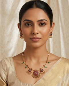 Parure de bijoux de temple délicate à motif floral artisanal, collier de créateur avec boucles d'oreilles pendantes assorties, fournisseur de bijoux pour occasions festives - Product Image 2