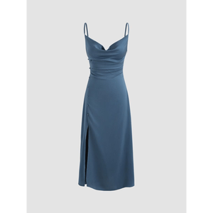Vestido midi de satén con cuello vuelto y abertura lateral para mujer - Product Image 1