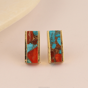 ต่างหูแบบฝังเทอร์ควอยซ์ทำด้วยมือชุบทองสี่เหลี่ยมหอยนางรมทองแดงเครื่องประดับอัญมณีที่ไม่เหมือนใคร - Product Image 4