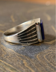 Men's <b>Lapis</b> Signet <b>Ring</b> Vintage Oxidized 925 Silver Striped Shank Natural Blue Stone Statement Jewelry - Product Image 3