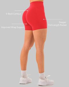 Shorts de motard taille haute rouges pour femme, couleur unie, extensibles, avec poches, coupe classique, en tricot de spandex et polyester, écologiques - Product Image 5