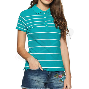 Polo rayé pour femme à manches courtes, bleu sarcelle et blanc, décontracté, 100 % coton, tissu Oxford respirant, tissé - Product Image 1
