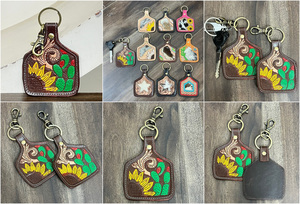 2026 Handmade Tooled Leather Cowhide Keychain Sunflower Cactus Western <b>Key</b> Fob Rustic Floral Car <b>Key</b> Holder Gift for Women Men - Product Image 3