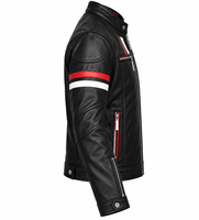 Blouson moto en cuir noir pour homme, col montant, fermeture éclair, coupe ajustée, rayures rouges et blanches, manches classiques, idéal pour l'automne