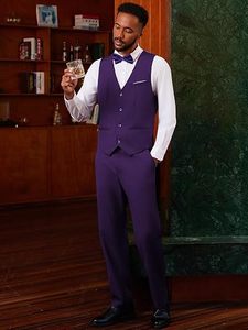 Traje de Negocios de 3 Piezas para Hombre, Estilo Británico, Color Morado, Blazer, Chaleco y Pantalones, Cierre de un Botón, Antiarrugas, Traje Formal para Boda - Product Image 2
