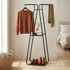 Minimalist Metal Clothing Organizer Stand With Shelf And <b>Shoe</b> Rack For Bedroom <b>Storage</b> - Product Image 1