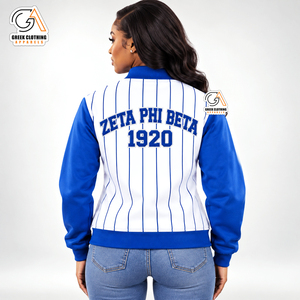 Veste universitaire pour femmes Zeta Phi Beta Sorority, rayée bleu et blanc, manches longues, fermeture éclair sur le devant, coupe classique - Product Image 2