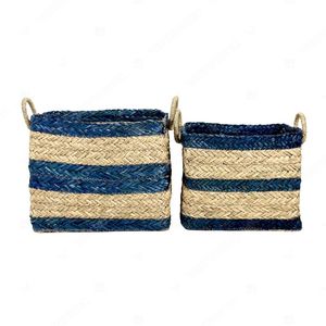 BANDED STRIPE <b>Large</b> Wicker Laundry <b>Basket</b> Seagrass Herringbone <b>Basket</b> Laundry Bin With Seagrass/PU Handles Clothes Organizer - Product Image 4