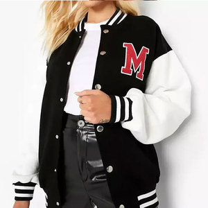 Chaqueta Deportiva Unisex Econex, Estilo Universitario, Color Negro y Blanco, Letra M Bordada, Forro Polar, Estilo Preppy, Manga Larga, Cuello Alto, Ropa de Invierno - Product Image 1