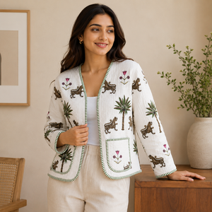 Veste matelassée en coton BOHO9 pour femme BOHOBI, imprimé tigre et palmier, manches longues, légère, décontractée, pour l'hiver et l'automne, OEM ODM - Product Image 5