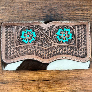 New Arrival Hand Tooled Leather Women Clutch Multi-function Hair on Genuine Cowhide Leather Floral <b>Wallets</b> with Multi-Card Slots - Product Image 2