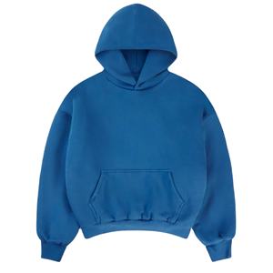 Sweats à capuche délavés au soleil IOTA SPORTS en gros, faible MOQ, 100% coton, impression sérigraphique personnalisée, épaules tombantes, sweats à capuche surdimensionnés pour hommes, bleu royal - Product Image 1