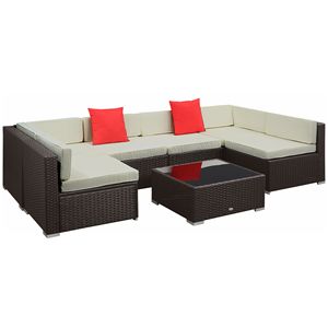 Set di Mobili da Esterno Moderni in 7 Pezzi, Divano Componibile in Rattan con Cuscini Bianchi, Telaio in Alluminio e Vimini per Giardino e Cortile - Product Image 1