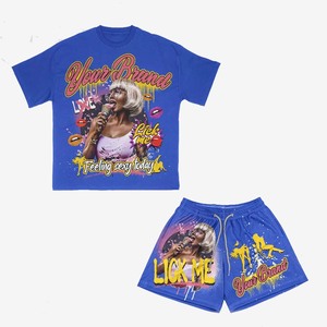 280 GSM Cotton <b>Blend</b> Women T Shirt Short Set Graphic Space Print Rubber Logo Wears USA 100% Cotton T shirt & Shorts - Product Image 5