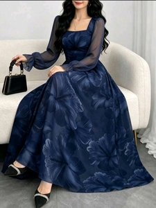 Woman's Floral Maxi <b>Dress</b> Full Sleeves <b>Dress</b> Square Neck A Line Long <b>Dress</b> for Party Holiday - Product Image 1