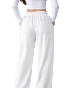 Pantalones Deportivos de Felpa para Mujer, Color Blanco Puro, Pierna Ancha, Cintura Elástica con Cordón, Corte Holgado Informal, Suaves y Cómodos para Estar en Casa - Product Image 3