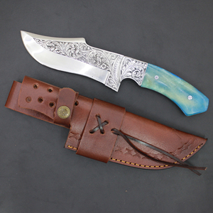 Cuchillo de caza de hoja fija de acero OEM personalizable al por mayor con mango de hueso grabado, punta caída y funda de cuero. Cuchillos grabados. - Product Image 6