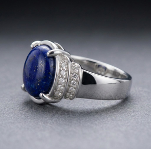 Anillo de Plata de Ley 925 con Piedra Preciosa de Lapislázuli de Forma Ovalada de 10x12 mm con Engaste de Diamantes, Joyería Clásica de Compromiso para Mujer - Product Image 2