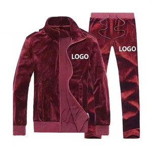 Maroon Color Plain Zipper Style <b>Velvet</b> Tracksuits Autumn Wear <b>Jacket</b> & Pant Velour Track Suit For Men Breathable Wholesale OEM - Product Image 1
